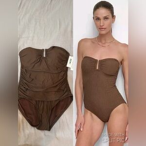 DKNY Women's Straps/Strapless Bandeau One Piece Mocha Brown Swimsuit Large NWT‎